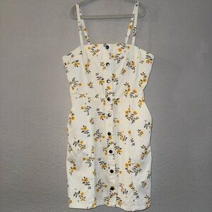 White Floral Button-Front Sundress with Yellow Bloom Print
